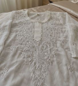 White Chikankari Kurta with Mirror Work