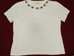White Beaded Neckline T-Shirt [Top#1]