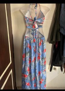Blue Tropical Print Maxi Dress