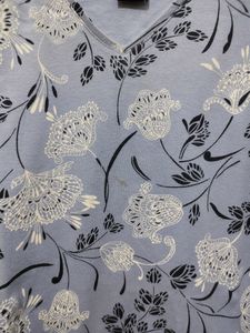 Karen Scott Blue Top With Black White Floral Print
