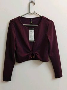 New Maroon Tie-Front Crop Top