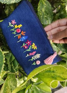 Embroidered Floral Blue Pouch