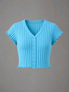 Cyan Blue Knit Crop Top