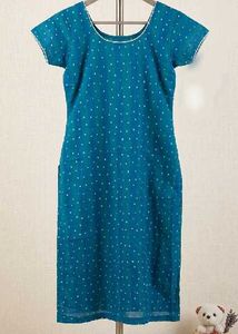 Blue Kurta with White Polka Dots
