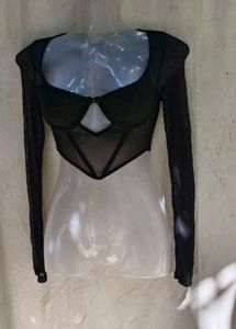 34279. Sheer Black Long Sleeve Crop Top