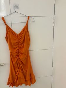 Orange Ruched Ruffle Mini Dress