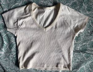 Cream V-Neck Ribbed Cropped Top