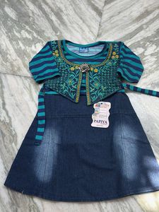 Girls Teal Blue Striped Kurta with Denim Skirt