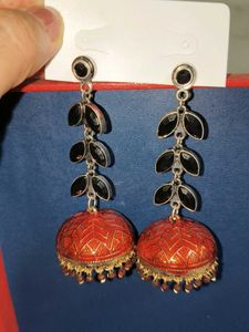 Red Jhumka Earrings with Black Stones