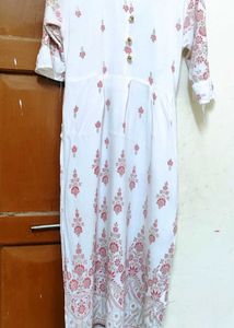 White Kurta with Red Floral Print