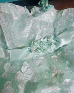 Frilled NetSatin Embroidery FreshPista Color Frock
