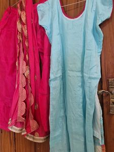 Blue Kurta Set with Pink Dupatta