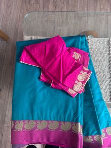 Elegant Teal &amp; Pink Saree with Gold Border