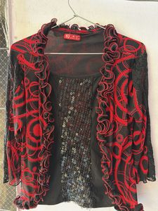 Chic Black & Red Sequin Top with Ruffle Trim