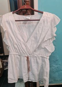 White V-Neck Flutter Sleeve Top