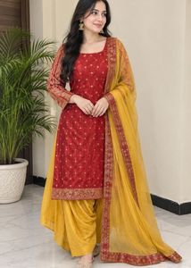 Red Kurta with Yellow Palazzo and Dupatta