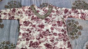 Floral Print Kurta with Embellished Neckline