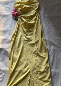 yellow draped square neck dress