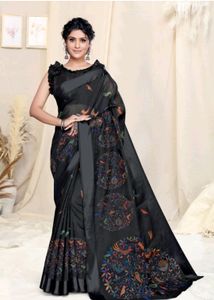 Geometric Print Cotton Blend Daily Saree Black