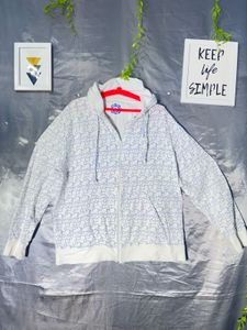 White Zip-Up Hoodie with Blue Pattern