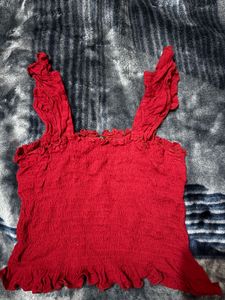 Women's Red Smocked Ruffle Strap Crop ❤️🥀 Top
