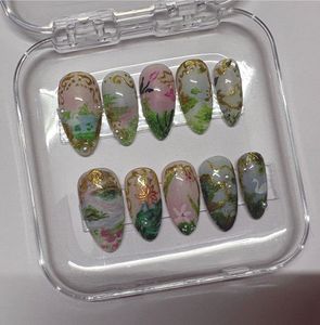 Hand-Painted False Nails - Floral &amp; Swan Design