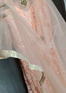 Peach Net Heavy Embroidery gown with dupatta, pant
