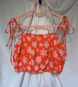 Orange Floral Cotton Tie-Strap Crop Top