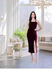 Elegant Burgundy Velvet Slit Dress