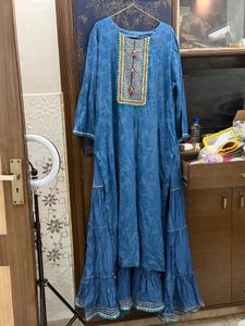Blue Embroidered Kurta with attached ghagra