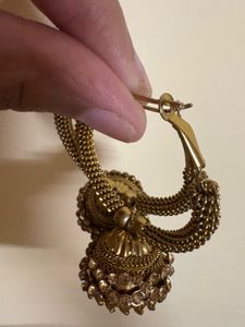 Gold Jhumka Earrings with Crystals