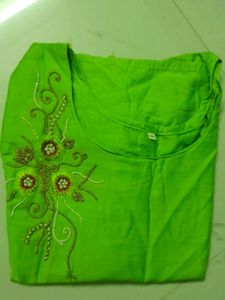 Parrot Green Kurthi With Beautiful Handwork