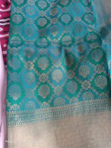 Beautiful semi kanjivaram Teal Saree with Gold Bro
