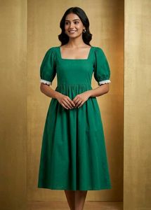 Elegant Green Puff Sleeve Dress