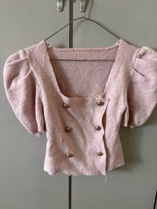 Pink Puff Sleeve Button Top