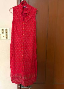 Vibrant Red Printed Sleeveless Kurta