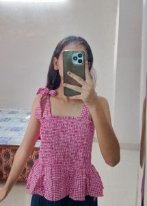 Pink Gingham Ruffle Top