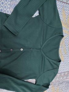 Green Ribbed Button-Up Long Sleeve Top