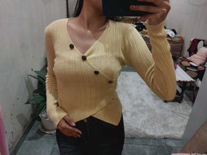 Yellow Ribbed Cropped Cardigan Body Top
