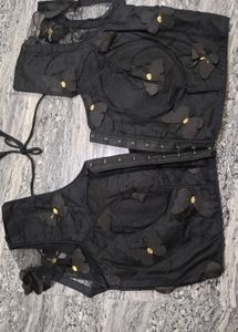 Elegant Black Blouse with Floral Appliques