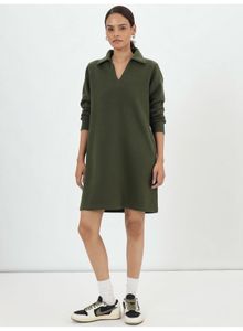 Olive Green Long Sleeve Fleece Sweatshirt Dress