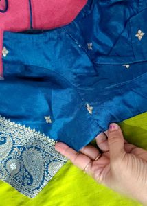 pure dola silk soft mehedi green with peacock Blue