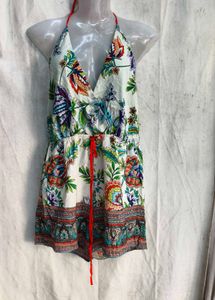 4129. Boho Floral Print Halter Neck Romper