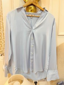 Light Blue Satin V-Neck Shirt
