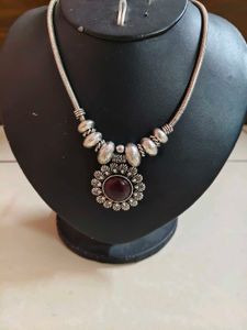 Boho Silver tone Necklace with red stone