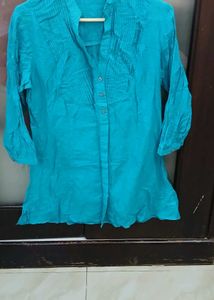 Turquoise Kurta with Pleated Neckline - S Size