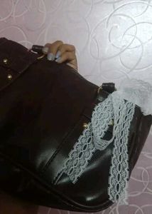 Brown Faux Leather Handbag with Lace Detail