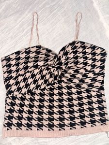 Houndstooth Knit Twist Front Crop Top