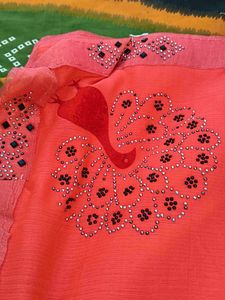 Elegant Coral Saree with Ruffle Detail