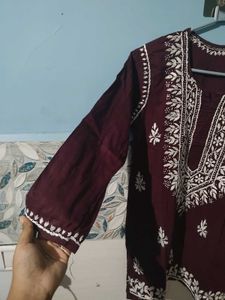 wine color chikankari kurti